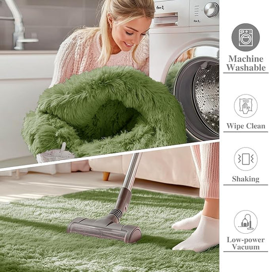 OLANLY 9x12 Machine Washable Large Area Rugs for Living Room, Bedroom, Soft Fluffy Shaggy Bedside Rug, Indoor Floor Carpet for Kids Girls and Boys, Dorms, Nursery, Home Decor Aesthetic, Green