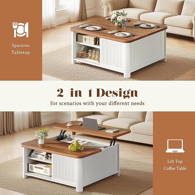 Lift Top Coffee Table with Storage, 31.5" Mid Century Modern Square Coffee Tables for Living Room, Large Hidden Storage Compartment, Adjustable Shelves & Sliding Door, White