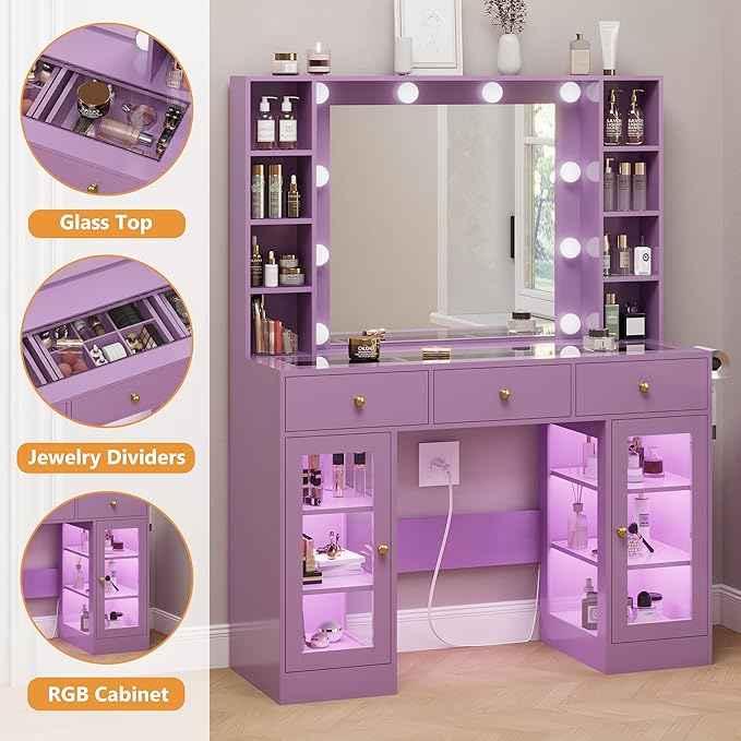 Purple Vanity Desk with Mirror and Lights, Glass Top Vanity with Lighted Mirror & RGB Glass Cabinet and 3 Drawers, Makeup Desk with Lights Dressing Table for Bedroom, 3 Color Modes