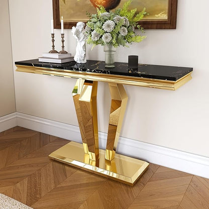 47 inch Gold Console Table, Modern Entryway Table with Diamond-Shaped Metal Base for Entrance, Hallway, Living Room (Black Faux Marble & Gold)