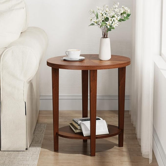 Solid Wood Oval End Table, Farmhouse Sofa Side Table, 2 Tier Beside Corner Table with Storage Shelf for Living Room, Bedroom Easy Assembly Walnut