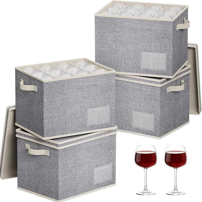 Lifewit 4 Pcs Wine Glass Storage Box with Dividers, Stackable Cationic Hard Shell Stemware Organizer with 48 Cells, Foldable Dustproof China Containers for Moving, Light Grey