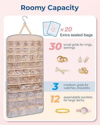 BAGSMART Hanging Jewelry Organizer, Necklace Holder Anti-tangle Earrings Rings Hanger with Pockets Hang on Closet, Wall, Door,1 Piece, Extra Large Grey