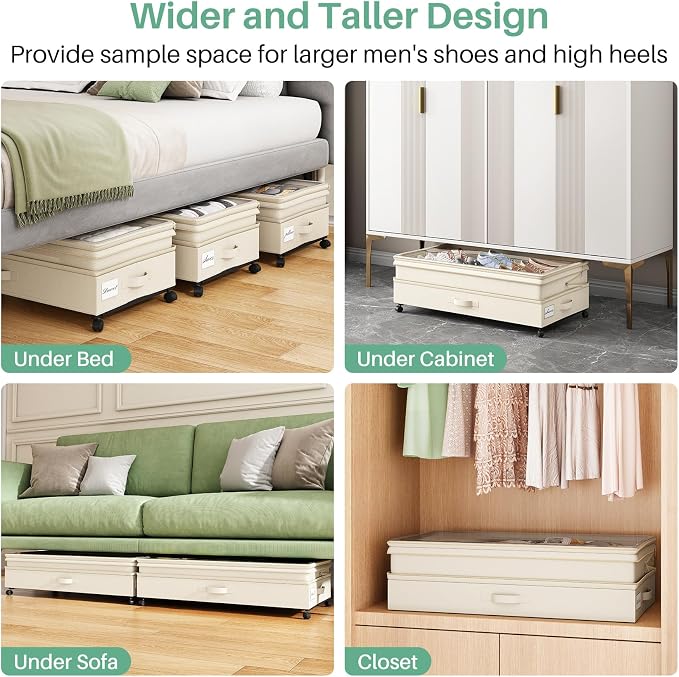 Kitstorack 4 Pack Height-adjustable Under Bed Storage with Wheels, Under Bed Storage Containers,Under Bed Shoe Storage Organizer with Clear Window&Label, Suitable for Clothes Storage, Beige
