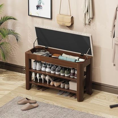 Shoe Bench for Entryway, Solid Rubberwood Shoe Bench with Hidden Storage, Adjustable 2-Tier Shelves & Soft PU Leather Seat, Shoe Rack Durable Easy Assembly for Hallway or Bedroom - Beige, 31.5"