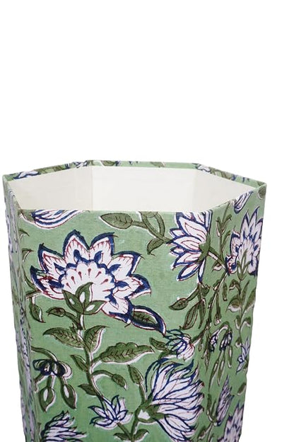 3.3 Gallon Cotton Hand Block Printed Paper Waste Basket |Small Decorative Trash Can for Housewarming Gifts in Living Room, Bedroom, Bathroom | Eco-Friendly, Plastic-Free (1, L Green Blue FLOWAR)