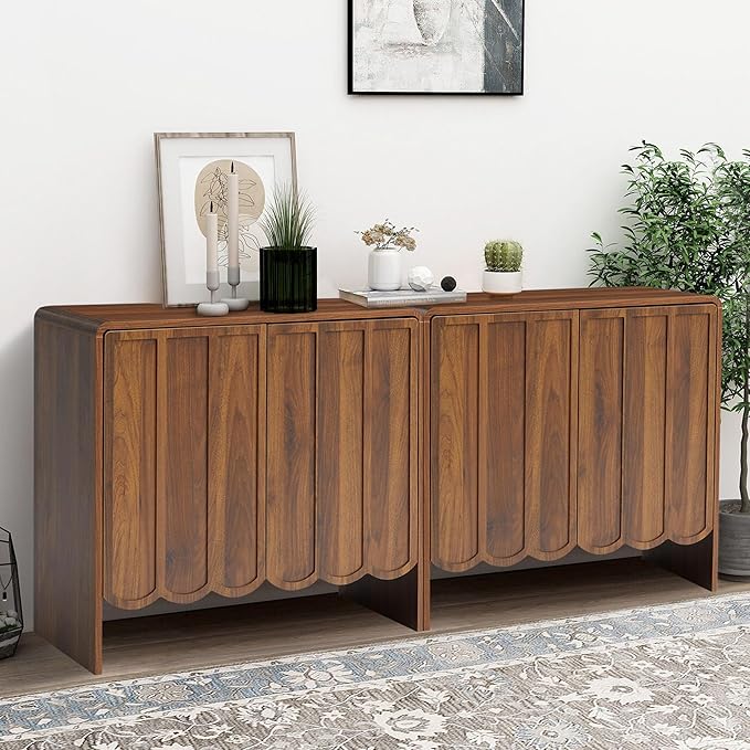 ORRD Sideboard Buffet Cabinet Set of 2, Accent Storage Cabinets with 2 Doors, Farmhouse Wood Cabinet with Adjustable Shelves and Wave Panel for Living Room, Dining Room, Entry - Walnut | 2 Doors, Adjustable Shelves, Wave Panel