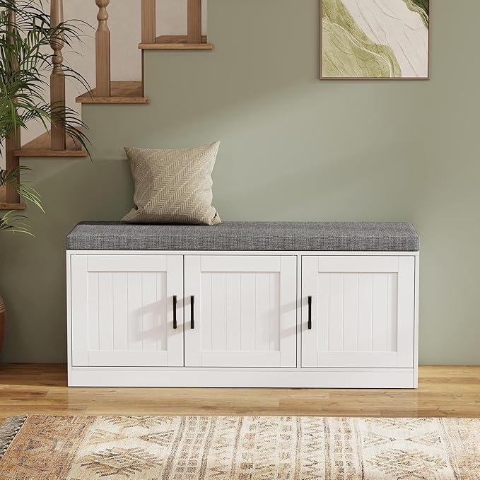Shoe Storage Bench with Storage Cabinet, 3-Tier Entryway Bench with Padded Seat Cushion, Wood Shoe Cabinet Bench with 4 Adjustable Shelf for Living Room, Bedroom, White