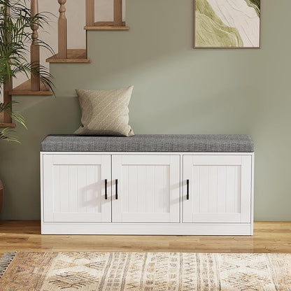 Shoe Storage Bench with Storage Cabinet, 3-Tier Entryway Bench with Padded Seat Cushion, Wood Shoe Cabinet Bench with 4 Adjustable Shelf for Living Room, Bedroom, White
