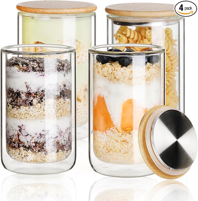 LIBWYS 4 Pack Overnight Oats Containers with Bamboo & Stainless Steel Lids, 15oz Meal Prep Jars - Double Walled High Borosilicate Glass jars for Overnight Oats, Chia Pudding， Salad