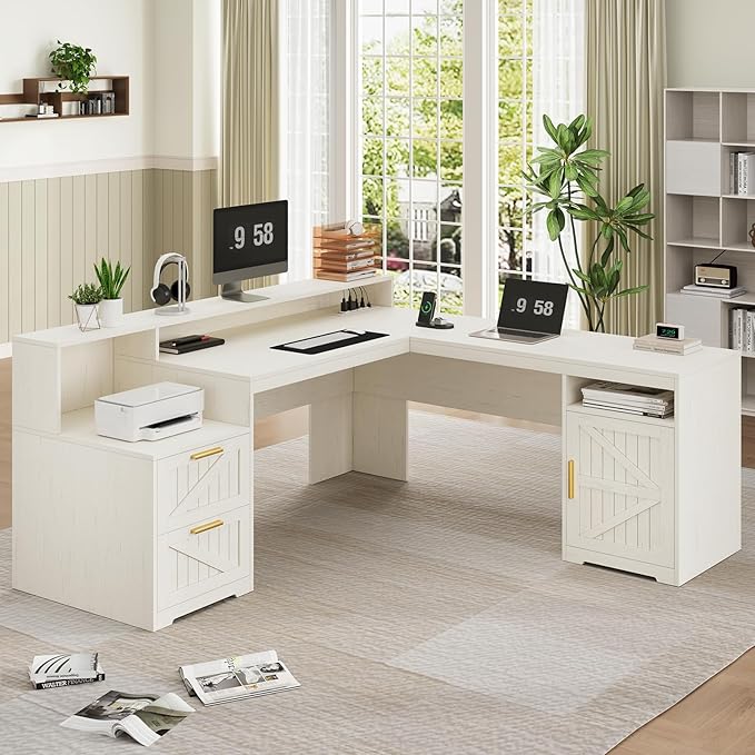 63" Farmhouse L Shaped Executive Desk with Drawers & Storage Shelf, Corner Computer Desk with Power Outlets, L Shaped Office Desk with Monitor Stand, Printer Shelf, White