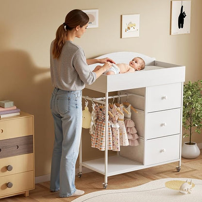 DTK Changing Table Dresser with Clothing Rack and Storage Shelf,3-Drawer Baby Dresser with Changing Table Top,Diaper Changing Station with Waterproof Pad,Mobile Dresser for Nursery,White