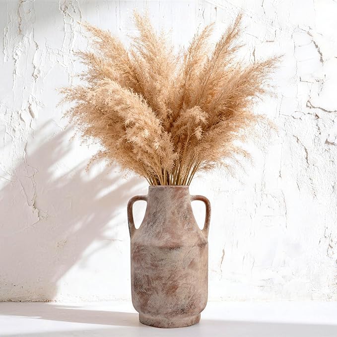 Ceramic Flower Vase with Handles – 11 Inch Tall Rustic Farmhouse Centerpiece Vase, Distressed Terracotta Style Decorative Vase, Living Room, Dining Table, Entryway & Fireplace Home Decor