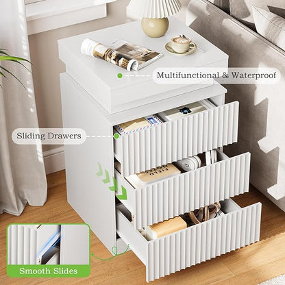 Nightstands Set of 2 with Charging Station & LED Lights, Modern Small Fluted Bedside & End Tables with 3 Drawers, Sliding Top & Hidden Storage, Wooden Farmhouse Night Stand for Bedroom Office,White