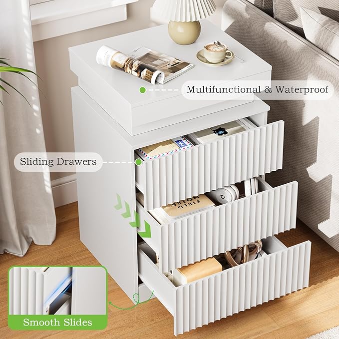 Nightstand with Charging Station & LED Lights, Modern Small Fluted Bedside & End Table with 3 Drawers, Sliding Top & Hidden Storage, Wooden Farmhouse Night Stand for Bedroom Office Sofa, White
