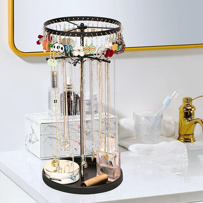 360 Rotating 2-Tier Jewelry Organizer Stand, Large Earring Holder Organizer with 48 Holes for Studs，24 Prongs for Necklaces, Wide Base for Bracelets, Watches, Lipstick, Jewelry Display Stand for Women