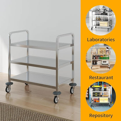 uyoyous 3-Tier Stainless Steel Utility Cart, 360° Rotation Wheels & 400 lbs Capacity, Commercial Serving Cart for Kitchen Hotel Restaurant Home, 30" L x 16" W x 33" H