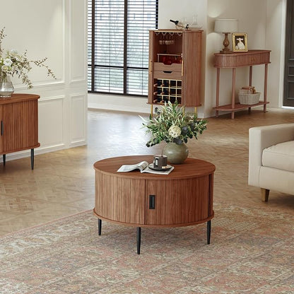 ARTPOWER 31.7" Round Coffee Table with Tambour Door, Mid Century Center Table for Living Room, Small Wood Fluted Circle Coffee Table with Storage, Walnut