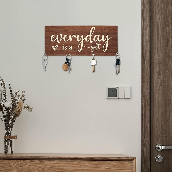 Everyday is A Gift Wooden Key Holder for Wall - 5"x10" Key Organizer Hanger with 4 Hooks for Home Front Door Hallway Entryway Kitchen - Home Office Decor & Housewarming Gifts Supplies - A04