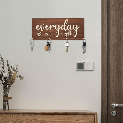 Everyday is A Gift Wooden Key Holder for Wall - 5"x10" Key Organizer Hanger with 4 Hooks for Home Front Door Hallway Entryway Kitchen - Home Office Decor & Housewarming Gifts Supplies - A04