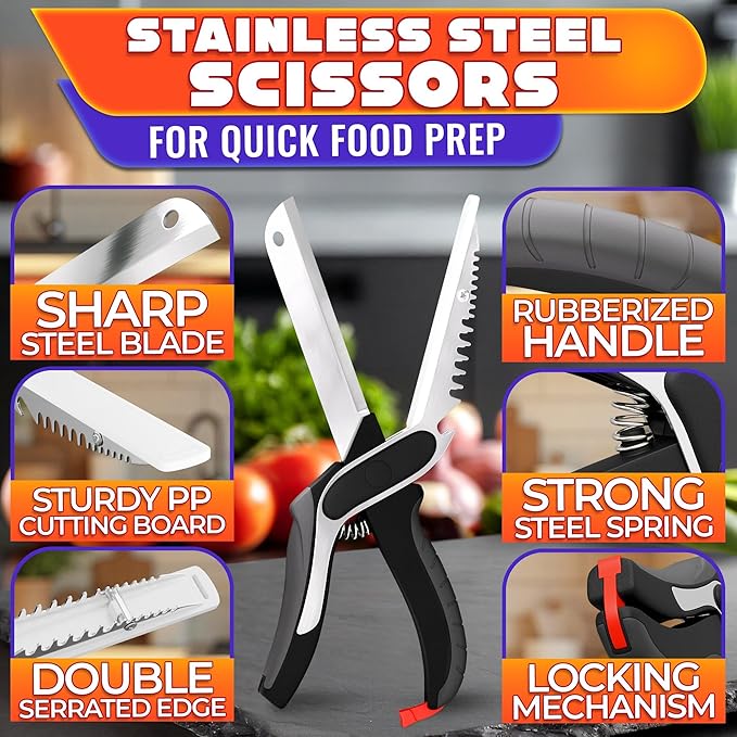6-in-1 Cutting Board Scissors with Ribbed Blade, Spring-Assist & Safety Lock - Heavy Duty Tool for Slicing Meat, Fish, Bread, Veggies & Fruit One-Handed - Dishwasher Safe Kitchen Scissors for Food