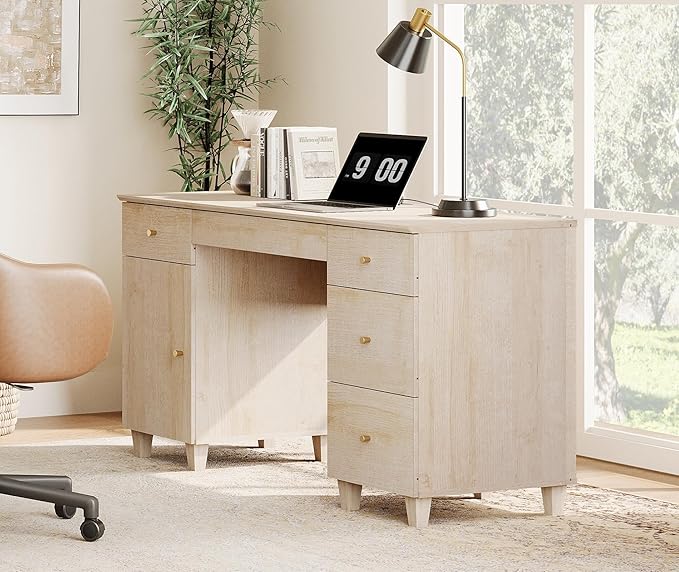 WAMPAT Executive Desk with Drawers & Storage Cabinet, 58 Inch Modern Wooden Office Desk with Charging Station & Keyboard Tray, Home Office Large Computer Desk, Work & Study Writing Desk, Light Oak