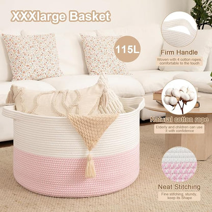 OIAHOMY 115L Extra Large Blanket Basket for Living Room, 23.6" x 15.4" Woven Cotton Rope Laundry Basket for Organizing Pillows, Decorative Stuffed Animal Toy Storage for Nursery, White and Pink