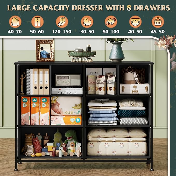 WLIVE Dresser for Bedroom with 8 Drawers, Wide Fabric Dresser for Storage and Organization, Bedroom Dressers, Chest of Drawers for Living Room, Closet, Hallway, Vintage Green