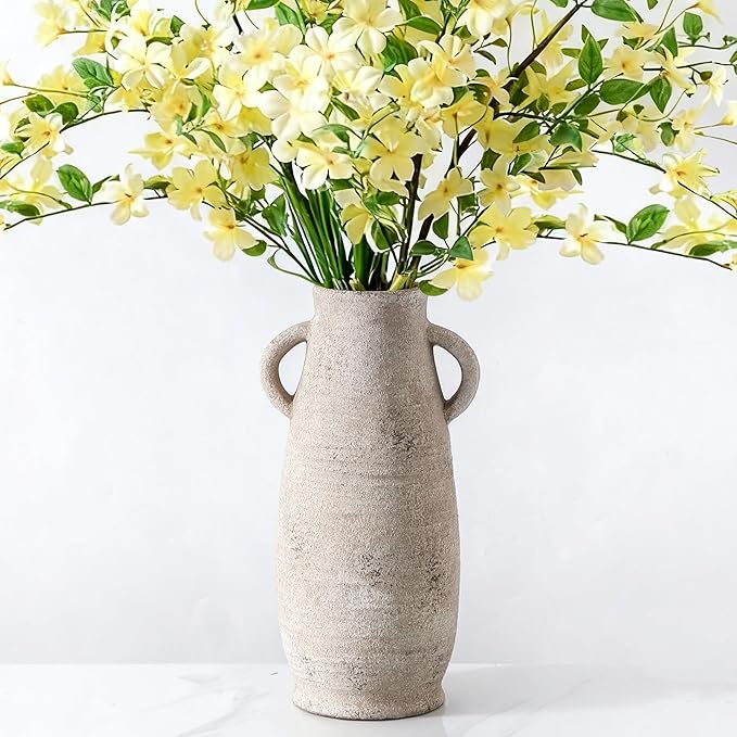 Ceramic Rustic Farmhouse Vase, Distressed Decorative 12 Inch Flower Vase for Home Decor, Ideal Shelf Decor, White Boho Vase for Living Room Bedroom Kitchen Office Decor Centerpiece Table Decorations