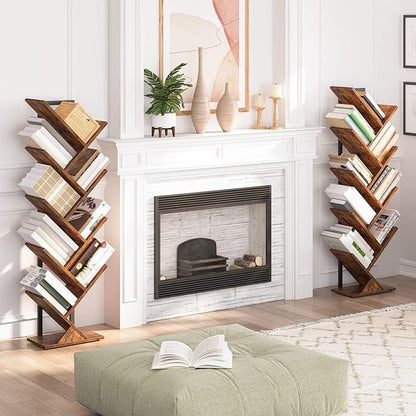 HOOBRO Tree Bookshelf, 9-Tier Bookcase Wooden Shelves, Floor Standing Storage Rack, for Display of CDs, Books in Living Room, Home Office, Wood Storage Rack for Bedroom, Rustic Brown BF08SJ01G1