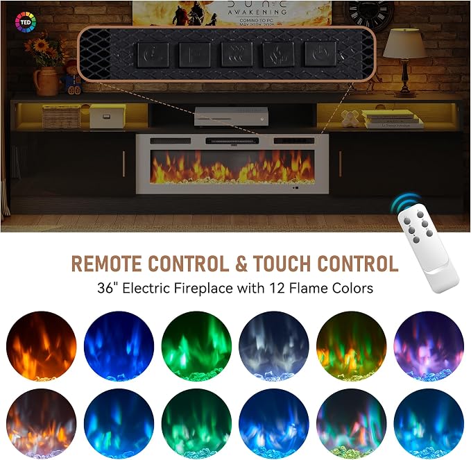 MXV 78" Fireplace TV Stand with Power Outlet for TVs UP to 90", Electric Fireplace Entertainment Center with LED Lights & Storage Cabinets, TV Console for Living Room, Office, Black-White