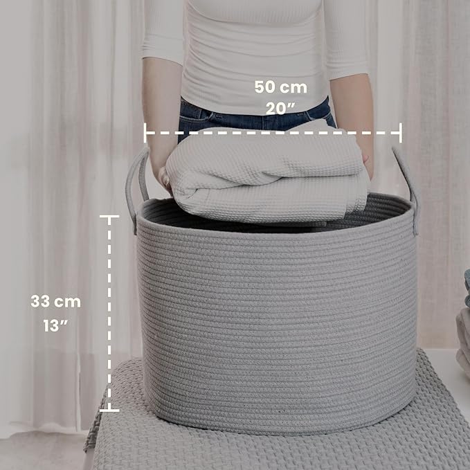 OrganiHaus Large Woven Storage Basket for Blankets and Toys 20" x 13" Inch, Rope Laundry Basket with Handles, Cushions & Pillows Storage Bin, Nursery Hamper, Soft Round Dog Toy Bin - Gray