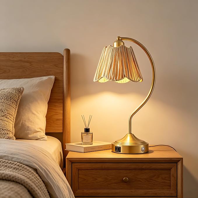Boho Rattan Touch Small Table Lamps USB C+A Ports | Retro Rattan Shade, 3-Way Dimmable Farmhouse Lamp for Bedroom Living Room Entryway Office, LED Bulbs Included