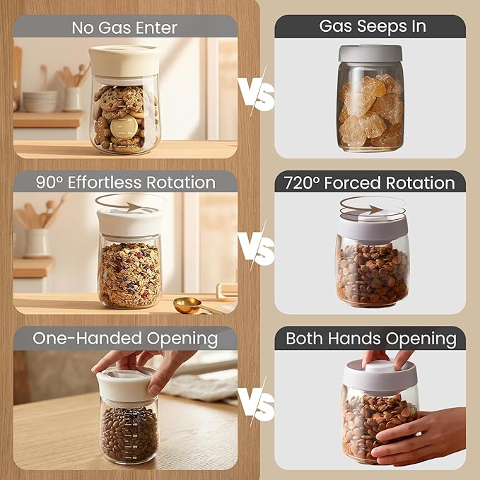 LAKUMIQI Overnight Oats Containers with Lids, 17oz Glass Jars with Airtight Lids, One-Hand 90° Twist-Off Wide Mouth Food Storage for Coffee Bean, Chia Pudding, Meal Prep, Pantry, Grey