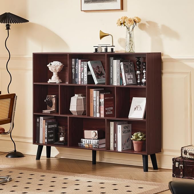 LEYAOYAO 10 Cube Bookshelf, 3 Tier Vintage 55" Wide Bookcase with Legs, Mid-Century Wood Bookshelves Storage, Walnut Large Book Case, Freestanding Organizer Display Shelf for Living Room, Office