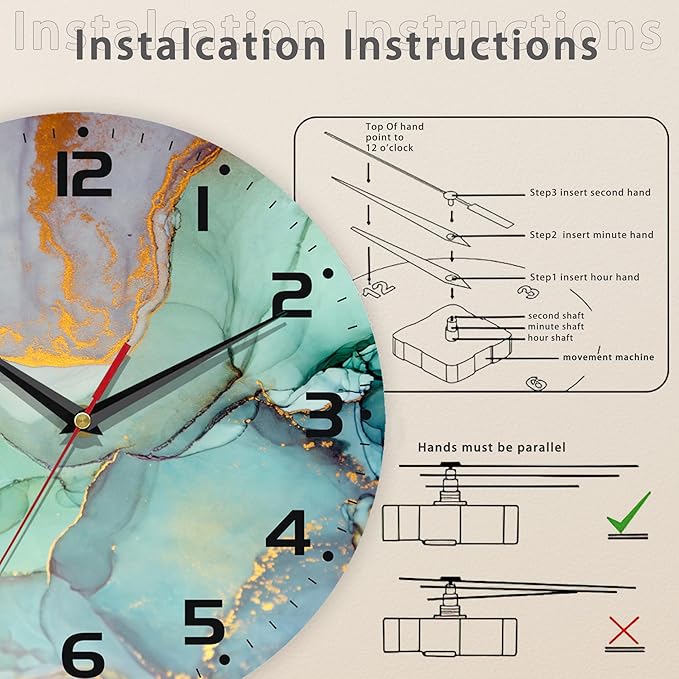 Watercolor Abstract Painting Marble Wall Clock Vintage Wooden Wall Clock Silent Non-Ticking Battery Operated Arabic Numerals Wall Clocks Decorative for Kitchen, Office, Classroom 10 Inch