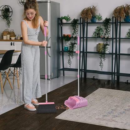Broom and Dustpan Set for Home, Office, Indoor&Outdoor Sweeping, Stand Up Broom and Dustpan (Pink)