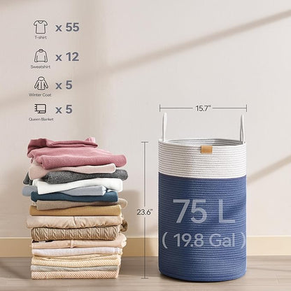 Laundry Hamper 75L,Large Laundry Basket for Clothes,Decorative Storage Basket for Blankets,Cotton Rope Woven basket for bedroom,Navy Blue