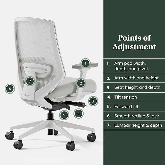 Branch Ergonomic Chair Pro - Mesh Office Chair with 14 Points of Adjustment - Height, Depth & Tilt Adjustable - 5D Armrests - Forward Tilt, Smooth Recline, and Lumbar Support - Mineral