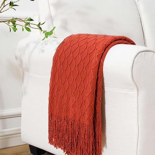 BATTILO HOME Rust Throw Blanket for Couch, 50" x 60", Acrylic Knit Woven Summer Blanket, Lightweight Decorative Soft Nap Throw with Tassel for Chair Bed Sofa Travel Picnic, Suitable for All Seasons