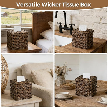 Tissue Box Cover, Square Wicker Tissue Box Holder Facial Tissues Boxes, Hand Woven Napkin Box Tissue Holder for Bathroom Bedroom Office Table Desk Night Stand, Boho Decorative, Brown