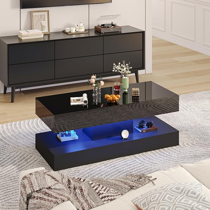 Uspeedy 47.3in Large High Glossy LED Coffee Table with 2 Storage Drawers,Black/White Modern Coffee Tables for Living Room,Living Room Tables,APP LED Lights (Black)