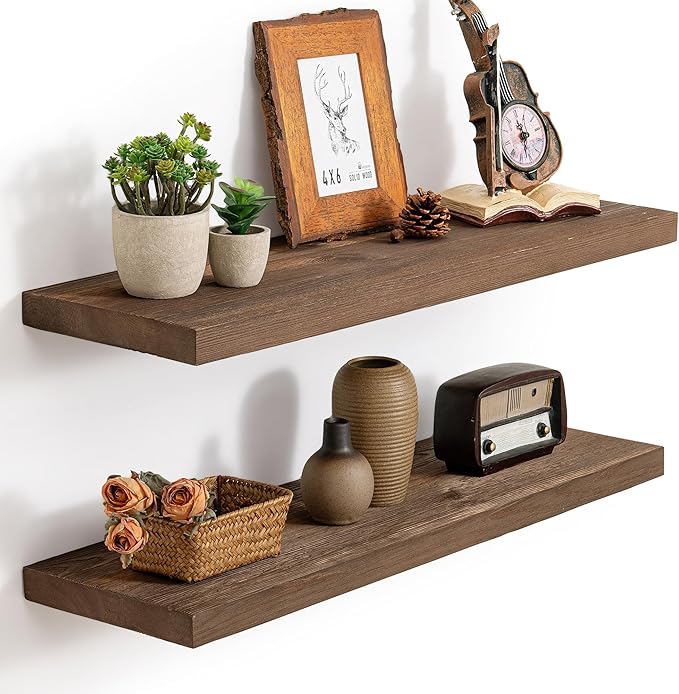 Marsmiles 30 Inch Floating Shelves | 9.3 Inch Deep Dark Wood Wall Shelves Set of 2 | Rustic Reclaimed Wood Shelves for Room Wall | Farmhouse Floating Shelves for Living Room Bathroom