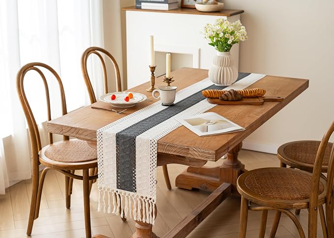 FEXIA Boho Table Runner for Summer Home Decor with Tassels 36 Inches Long Farmhouse Grey Rustic Burlap Table Runner Macrame Table Decoration for Kitchen Bedroom Living Room (12x36 Inches)