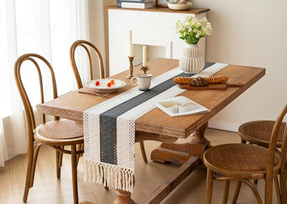 FEXIA Boho Table Runner for Summer Home Decor with Tassels 108 Inches Long Farmhouse Grey Rustic Burlap Table Runner Macrame Table Decoration for Kitchen Bedroom Living Room (12x108 Inches)