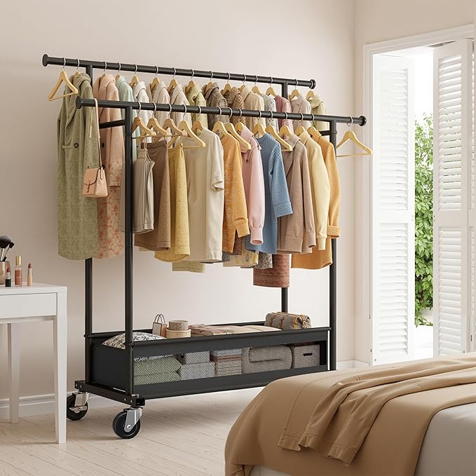 Clothes Rack, Clothing Racks for hanging clothes, Rolling clothes rack with Storage Basket & Heavy Duty Wheels, Double rods clothing rack for Bedroom, Laundry Room, Black