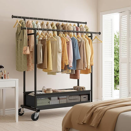 Clothes Rack, Clothing Racks for hanging clothes, Rolling clothes rack with Storage Basket & Heavy Duty Wheels, Double rods clothing rack for Bedroom, Laundry Room, Black