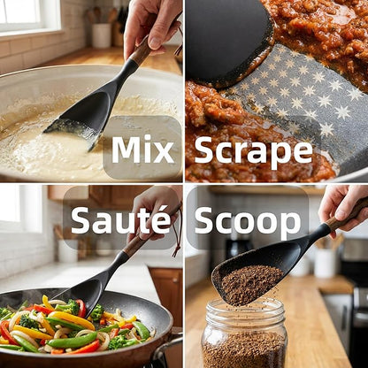 2-Pack Silicone Spoonula with Wooden Handle, BPA-Free Spatula Spoon for Nonstick Cookware, Heat Resistant Cooking Spoon for Mixing, Scraping, Scooping and Serving(Black&White)