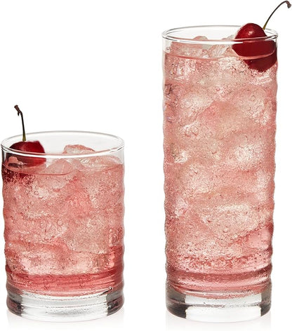 Libbey Pueblo Tumblers and Rocks Glass Cups Set, Wavy and Groovy Drinking Glasses Set of 16, Dishwasher Safe Modern Glassware for Everyday Use