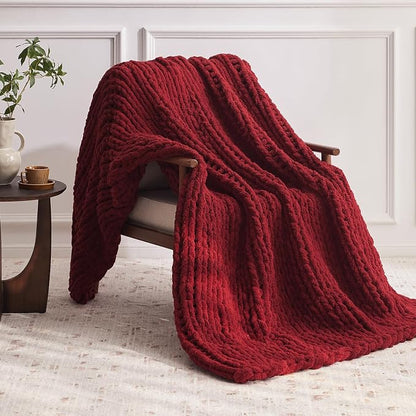 Negwoo Chunky Knit Throw Blanket, 50''*60'' Knitted Throw Chenille Yarn for Bed Couch, Handmade Red Crochet Big Thick Blanket, Machine Washable Cute Comfy Blanket for Home Decor